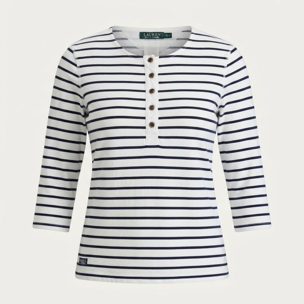 LAUREN Ralph Lauren Navy White Striped 3/4 Sleeve Henley Top Size L
